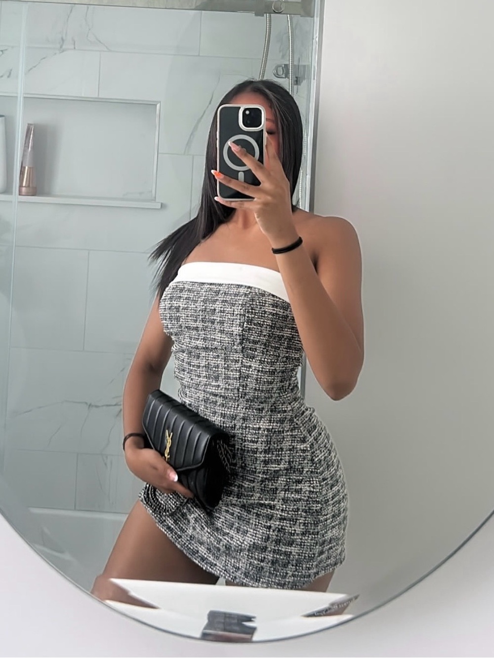 Stylish Black & White Tweed Strapless dress🤍
